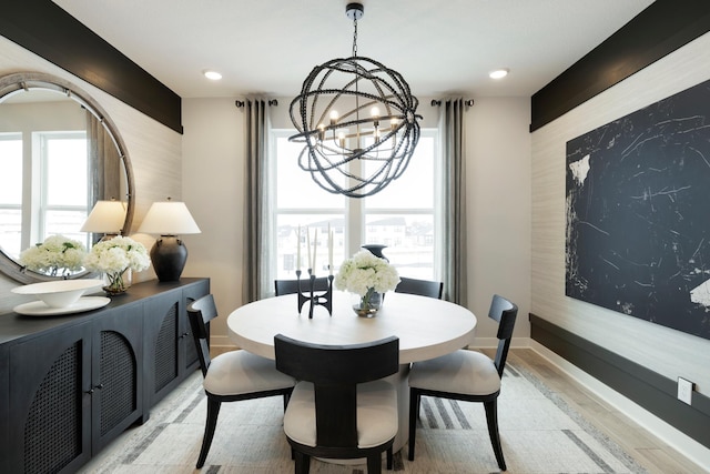 14705 105th Pl N, Maple Grove, MN 55369 - dining area featuring a chandelier, an accent wall, light wood finished floors, baseboards, and recessed lighting
