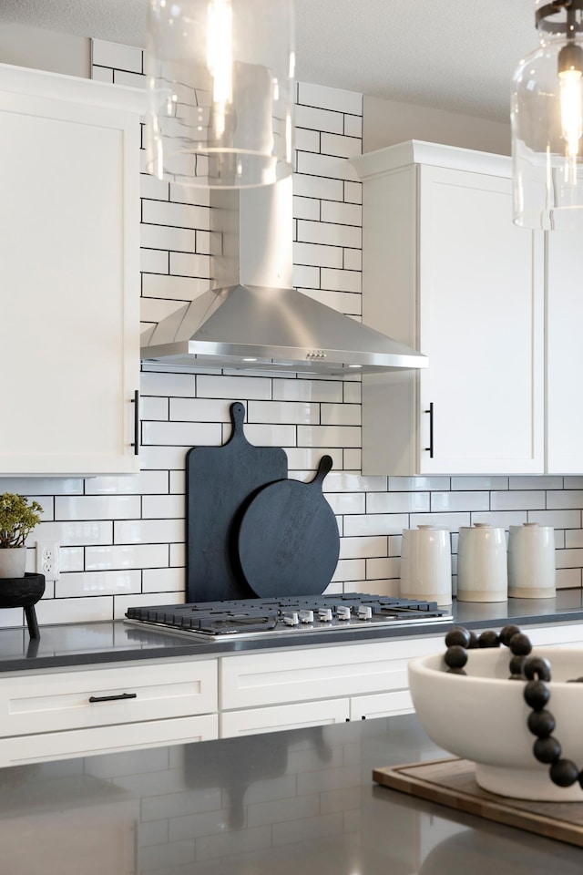 14705 105th Pl N, Maple Grove, MN 55369 - kitchen with wall chimney exhaust hood, decorative backsplash, and white cabinets