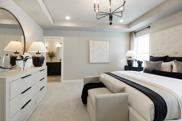 14705 105th Pl N, Maple Grove, MN 55369 - bedroom featuring a chandelier, a raised ceiling, light colored carpet, baseboards, and recessed lighting