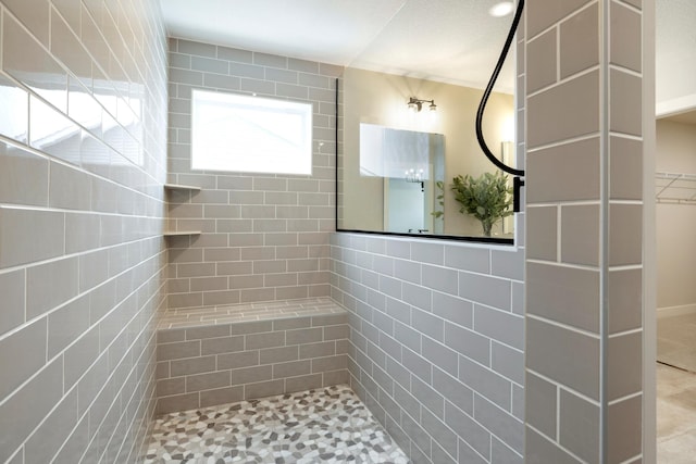 14705 105th Pl N, Maple Grove, MN 55369 - bathroom featuring tile walls, a tile shower, and tile patterned flooring