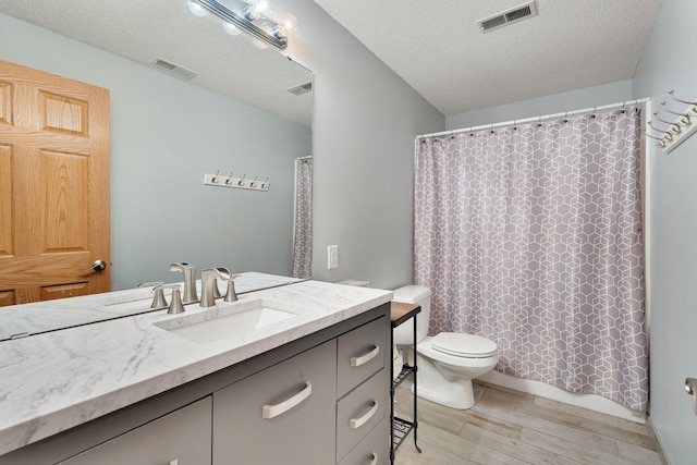 2800 9th Ave SW, Austin, MN 55912 - bathroom featuring wood finished floors, vanity, toilet, a textured ceiling, and curtained shower