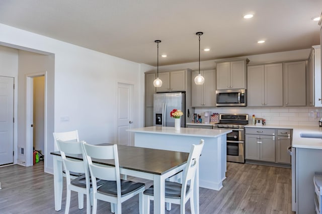 830 Foxglove Ter, Waconia, MN 55387 - kitchen with stainless steel appliances, gray cabinets, wood finished floors, tasteful backsplash, and light countertops
