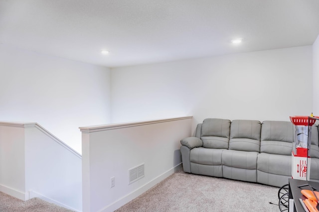 830 Foxglove Ter, Waconia, MN 55387 - living area with carpet flooring, recessed lighting, an upstairs landing, and baseboards