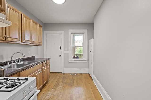 3400 Elliot Ave S, Minneapolis, MN 55407 - kitchen featuring a sink, light wood-style floors, dark countertops, under cabinet range hood, and freestanding refrigerator