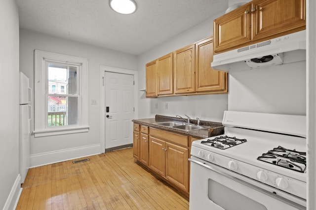 3400 Elliot Ave S, Minneapolis, MN 55407 - kitchen featuring white appliances, under cabinet range hood, a sink, baseboards, and light wood-type flooring