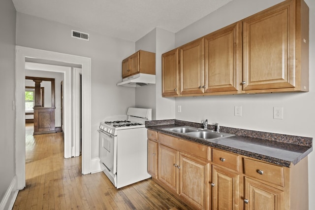 3400 Elliot Ave S, Minneapolis, MN 55407 - kitchen with white gas stove, under cabinet range hood, a sink, dark countertops, and hardwood / wood-style flooring