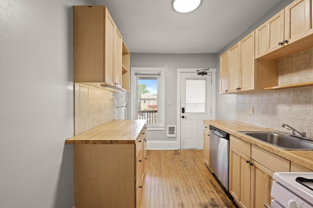3400 Elliot Ave S, Minneapolis, MN 55407 - kitchen featuring dishwasher, a sink, open shelves, light brown cabinets, and butcher block counters