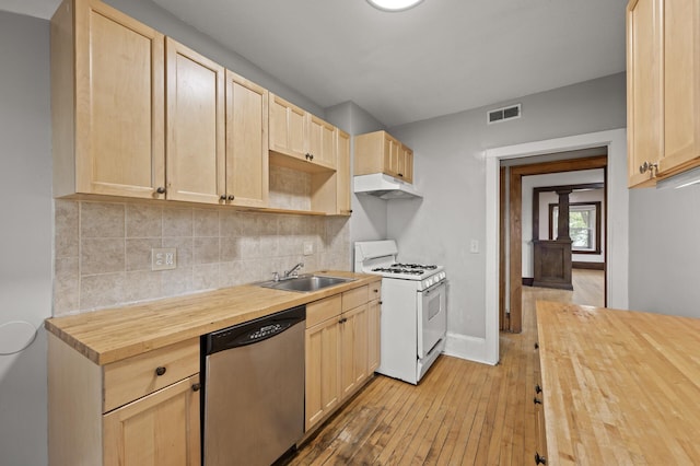 3400 Elliot Ave S, Minneapolis, MN 55407 - kitchen featuring stainless steel dishwasher, white range with gas cooktop, butcher block countertops, a sink, and light brown cabinets