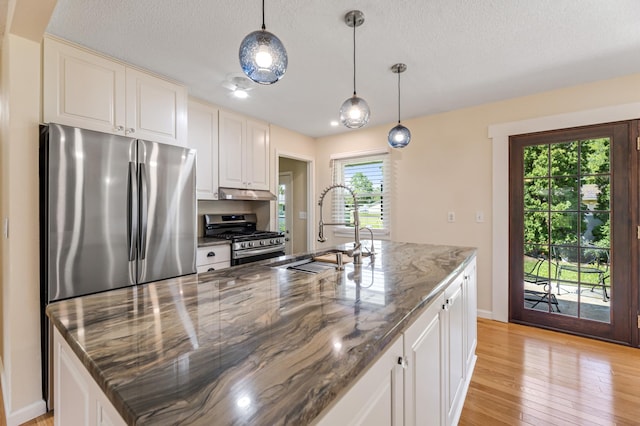 72 7th St, Cochrane, WI 54622 - kitchen featuring stainless steel appliances, light wood-style flooring, white cabinetry, under cabinet range hood, and dark stone counters