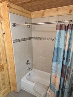 19146 Eaglewood Rd, Lynden Twp, MN 55320 - full bathroom with shower / bath combination with curtain, tile patterned floors, and wooden ceiling