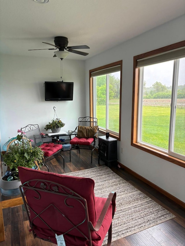 1108 11th Ave SE, Waseca, MN 56093 - living room featuring baseboards, a ceiling fan, and wood finished floors