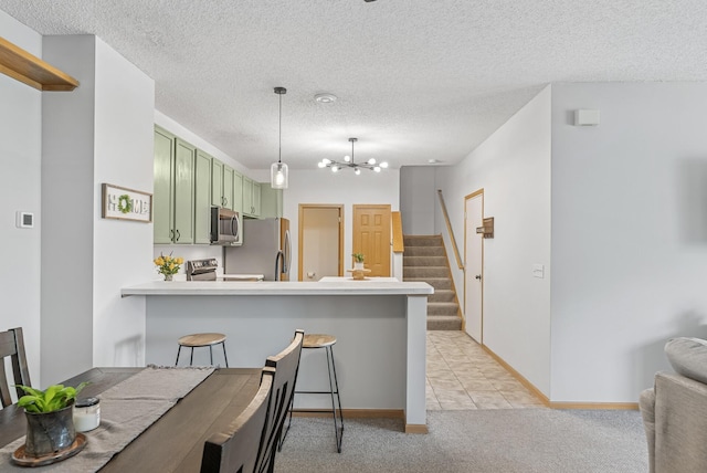 803 Willow Glen Ct, Buffalo, MN 55313 - dining area with light colored carpet, a textured ceiling, a chandelier, and stairway