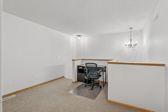 803 Willow Glen Ct, Buffalo, MN 55313 - office area featuring a textured ceiling, carpet, and a chandelier