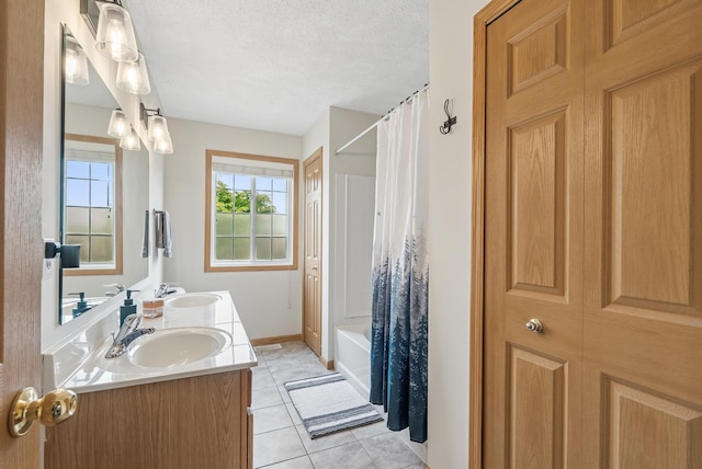 803 Willow Glen Ct, Buffalo, MN 55313 - bathroom featuring double vanity, shower / tub combo, tile patterned floors, and a textured ceiling