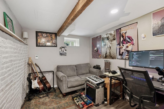 1104 21st Ave SE, Minneapolis, MN 55414 - living room with wood finished floors, beamed ceiling, and an office area
