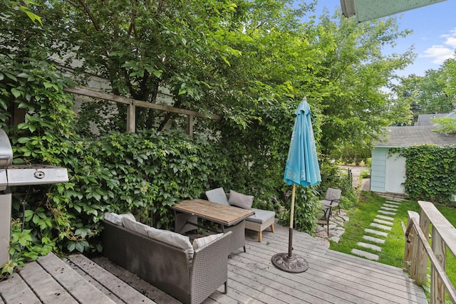 1104 21st Ave SE, Minneapolis, MN 55414 - wooden terrace with an outdoor living space and a storage unit