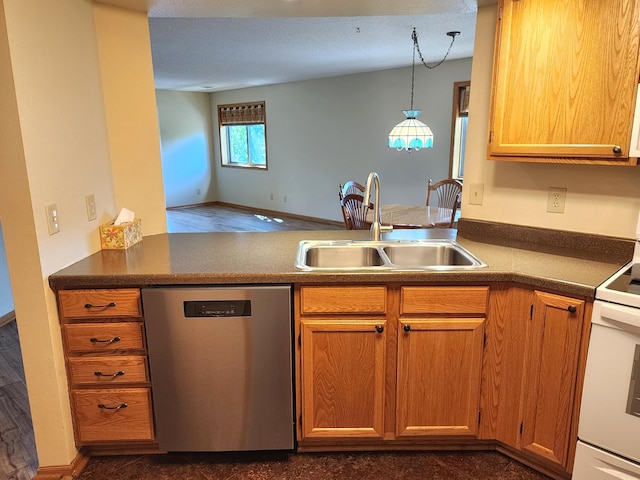 520 5th St SW Unit 318, Willmar, MN 56201 - kitchen featuring dishwasher, a sink, a peninsula, hanging light fixtures, and white electric range oven