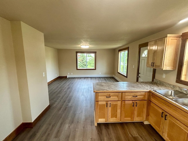 609 4th St NW, Wadena, MN 56482 - kitchen with a peninsula, baseboards, a sink, dark wood finished floors, and open floor plan
