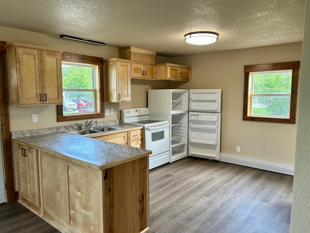 609 4th St NW, Wadena, MN 56482 - kitchen featuring white electric range oven, a sink, a textured ceiling, light brown cabinets, and dark wood finished floors