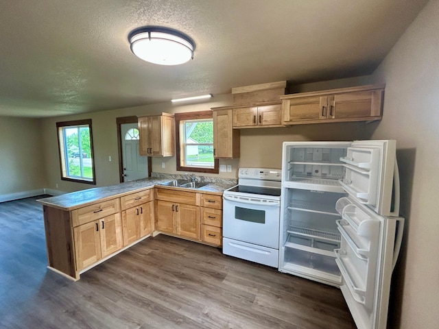 609 4th St NW, Wadena, MN 56482 - kitchen with white electric range oven, a sink, light brown cabinets, dark wood-style floors, and a textured ceiling