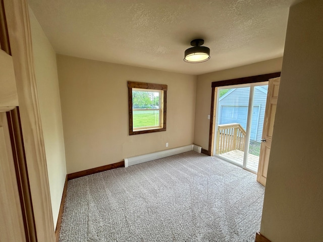 609 4th St NW, Wadena, MN 56482 - spare room with baseboard heating, light colored carpet, a textured ceiling, baseboards, and healthy amount of natural light