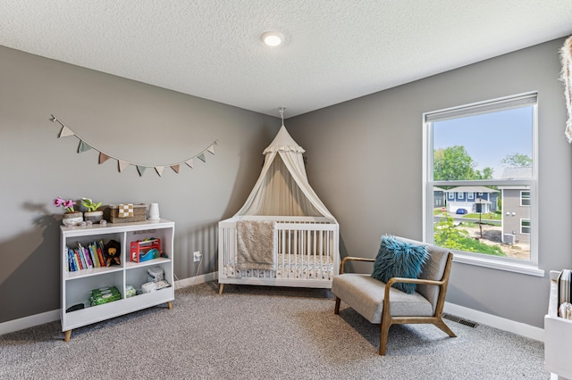 12719 Erskin St NE, Blaine, MN 55449 - bedroom with a textured ceiling, carpet flooring, baseboards, and a nursery area