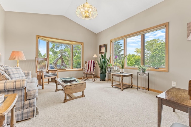 1115 Trappers Xing, Lino Lakes, MN 55038 - living area featuring a chandelier, carpet flooring, healthy amount of natural light, and vaulted ceiling