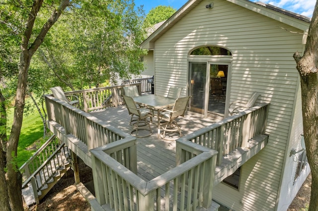 1115 Trappers Xing, Lino Lakes, MN 55038 - wooden terrace featuring outdoor dining space and stairs