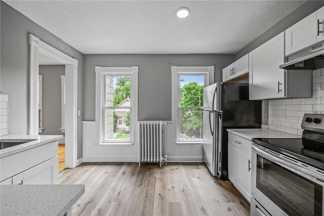 608 Beaumont St, Saint Paul, MN 55130 - kitchen featuring stainless steel appliances, radiator, exhaust hood, light countertops, and light wood finished floors