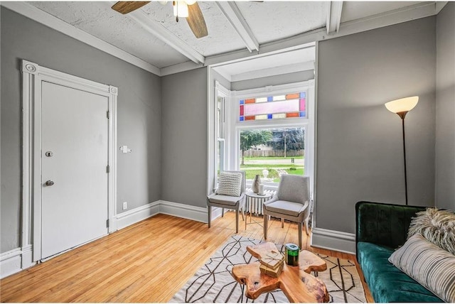 608 Beaumont St, Saint Paul, MN 55130 - sitting room featuring light wood-style floors, beam ceiling, baseboards, and ceiling fan