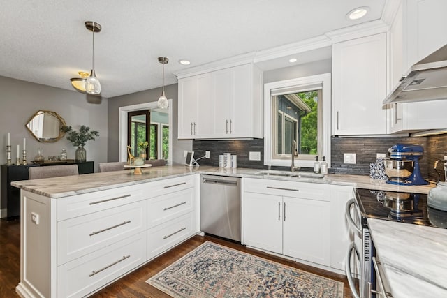 3720 Ximines Ln N, Plymouth, MN 55441 - kitchen featuring stainless steel appliances, a peninsula, range hood, white cabinets, and light stone countertops