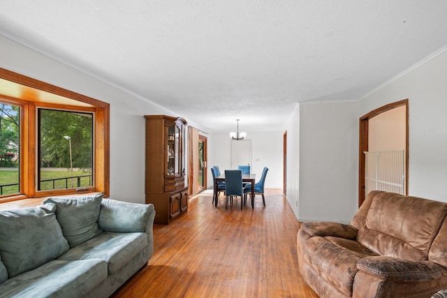 2065 124th Ln NW, Coon Rapids, MN 55448 - living area featuring a chandelier, light wood finished floors, crown molding, and a textured ceiling
