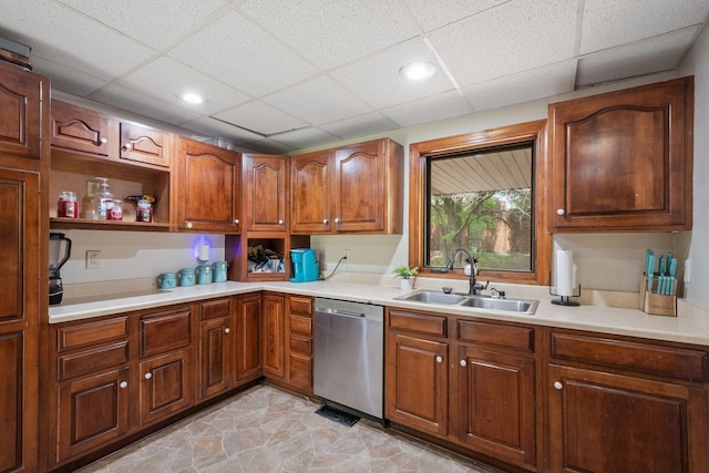 2065 124th Ln NW, Coon Rapids, MN 55448 - kitchen with dishwasher, a sink, a drop ceiling, light countertops, and brown cabinetry
