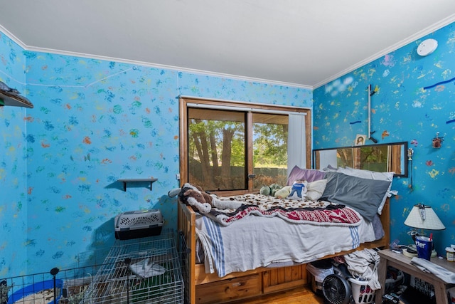 2065 124th Ln NW, Coon Rapids, MN 55448 - bedroom featuring ornamental molding, wallpapered walls, and wood finished floors