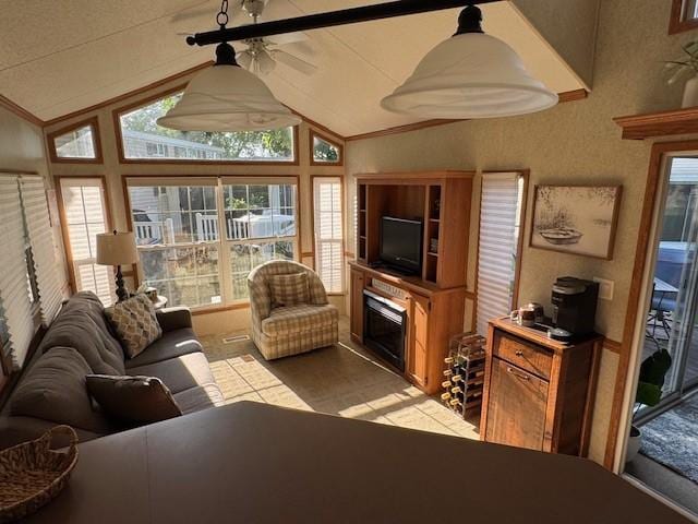 2221 Reubens Ln SW Unit 20, Farwell, MN 56327 - living room featuring healthy amount of natural light, vaulted ceiling, a ceiling fan, and ornamental molding