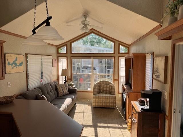 2221 Reubens Ln SW Unit 20, Farwell, MN 56327 - living room featuring ceiling fan, lofted ceiling, and crown molding