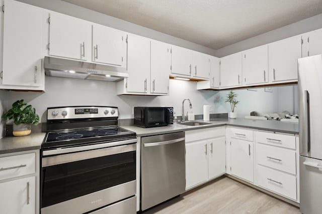 5697 Green Circle Dr Unit 216, Minnetonka, MN 55343 - kitchen with stainless steel appliances, under cabinet range hood, a sink, light wood-style flooring, and white cabinetry