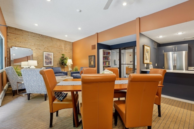 5697 Green Circle Dr Unit 216, Minnetonka, MN 55343 - dining room featuring light carpet, recessed lighting, ceiling fan, brick wall, and baseboards