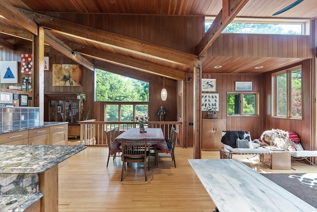 2867 Burnham Blvd, Minneapolis, MN 55416 - dining area with wood walls, plenty of natural light, wooden ceiling, and light wood-style flooring