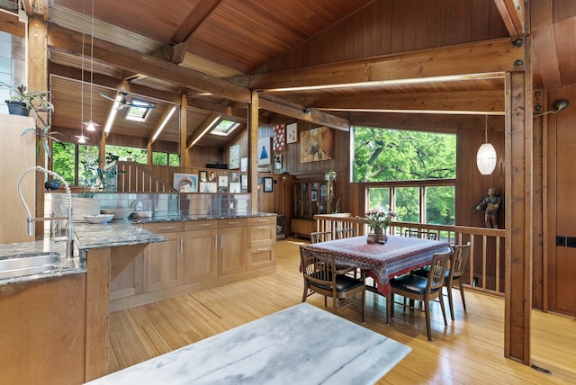 2867 Burnham Blvd, Minneapolis, MN 55416 - dining space featuring light wood finished floors, wood ceiling, and wood walls