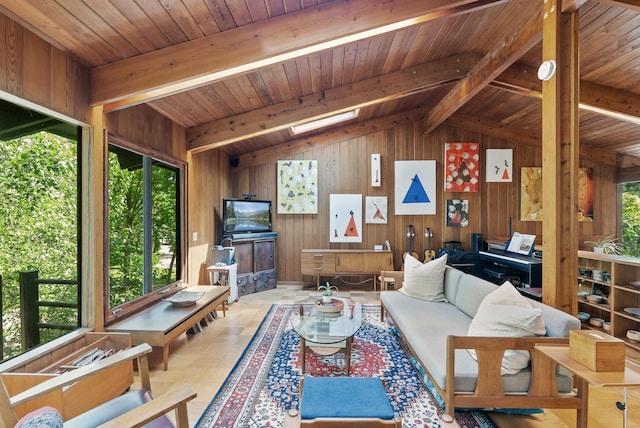 2867 Burnham Blvd, Minneapolis, MN 55416 - living room with wood walls, wood ceiling, and a skylight