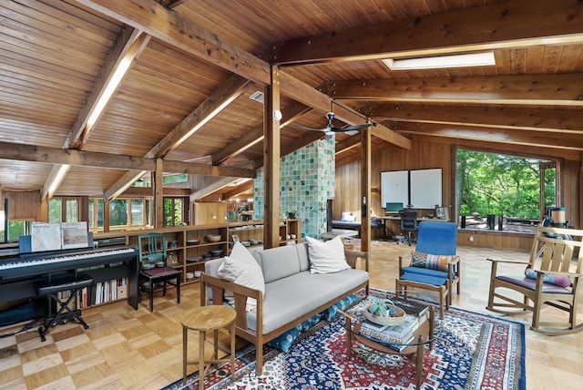 2867 Burnham Blvd, Minneapolis, MN 55416 - living area with wood walls, a skylight, and wood ceiling
