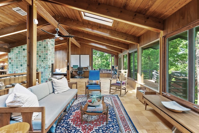 2867 Burnham Blvd, Minneapolis, MN 55416 - sunroom / solarium featuring wood ceiling, a skylight, and wooden walls