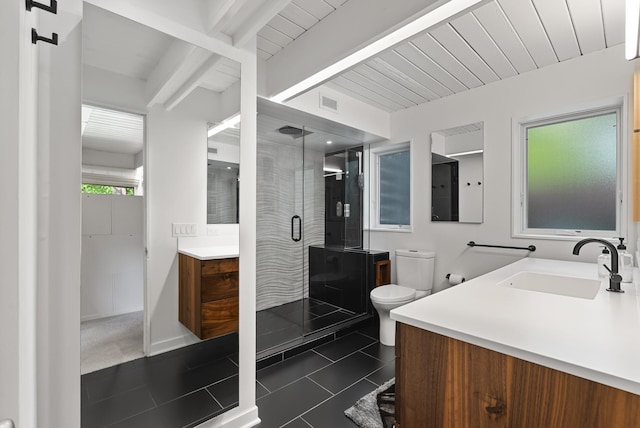 2867 Burnham Blvd, Minneapolis, MN 55416 - full bath with vanity, toilet, beam ceiling, a shower stall, and tile patterned floors
