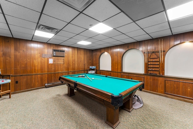 183 Little Canada Rd E Unit 310, Little Canada, MN 55117 - rec room with carpet floors, wood walls, a wall mounted air conditioner, a drop ceiling, and billiards table