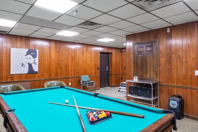 183 Little Canada Rd E Unit 310, Little Canada, MN 55117 - game room featuring billiards table, carpet floors, wood walls, and a drop ceiling
