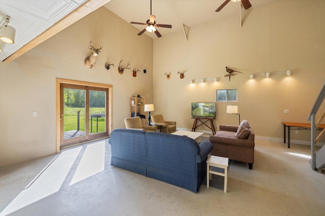 11556 Blackwood Rd, Floodwood Twp, MN 55736 - living area featuring a ceiling fan and a towering ceiling