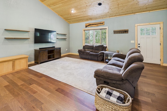 1268 Nellie Lake Ln NE, Longville, MN 56655 - living room featuring wood ceiling, healthy amount of natural light, baseboards, wood finished floors, and high vaulted ceiling