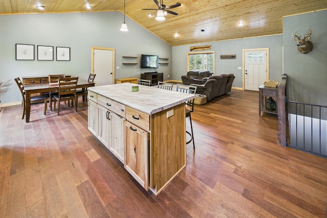 1268 Nellie Lake Ln NE, Longville, MN 56655 - kitchen featuring wooden ceiling, ceiling fan, dark wood finished floors, vaulted ceiling, and a center island