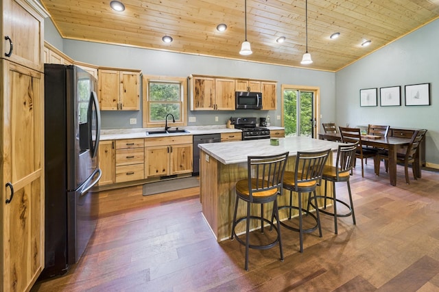 1268 Nellie Lake Ln NE, Longville, MN 56655 - kitchen featuring stainless steel appliances, wooden ceiling, a sink, light countertops, and dark wood-style flooring